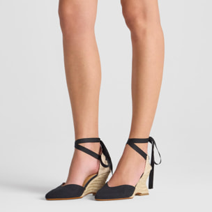 Alpargata Jud cuña de yute geométrica en lino con lazo, escote en V y punta afilada