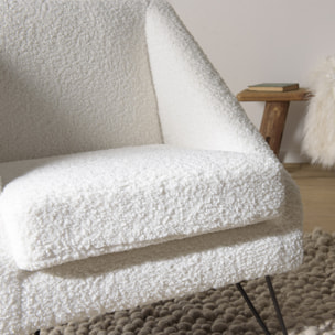 ALBANE - Fauteuil tissu bouclette blanc pieds épingles métal noir