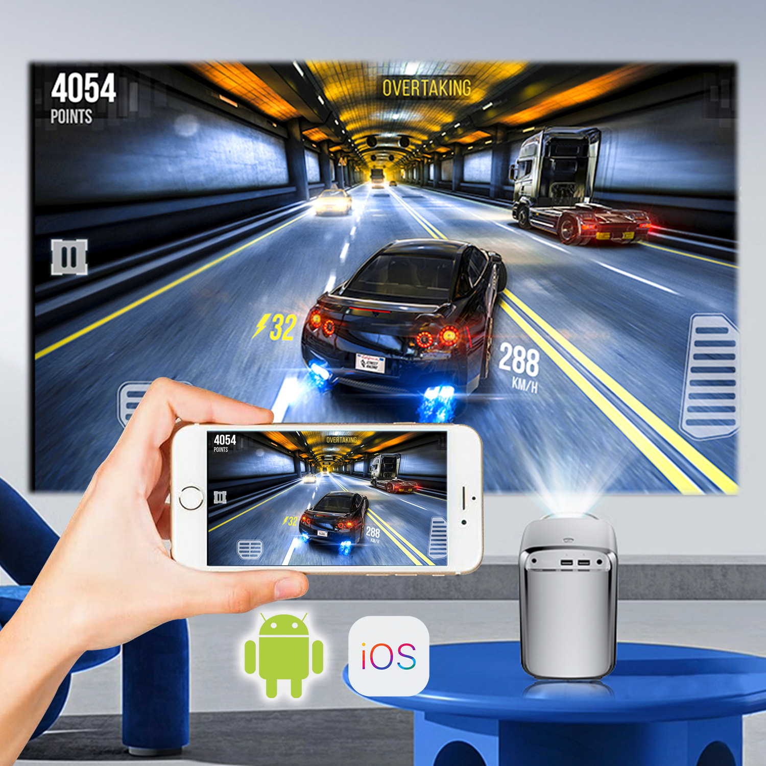 Videoproiettore LCD T8, con WiFi e Bluetooth. Risoluzione nativa HD720, da 32 a 150 pollici. Mirroring dello schermo per iOS e Android.