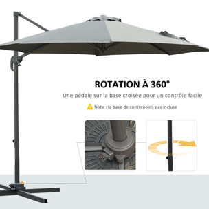 Parasol déporté octogonal inclinable rotatif 360° manivelle piètement acier mât alu. dim. Ø 2,95 x 2,5H m polyester haute densité gris