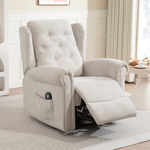Fauteuil massant chauffant inclinable repose-pieds intégré poche rangement tissu toucher lin beige