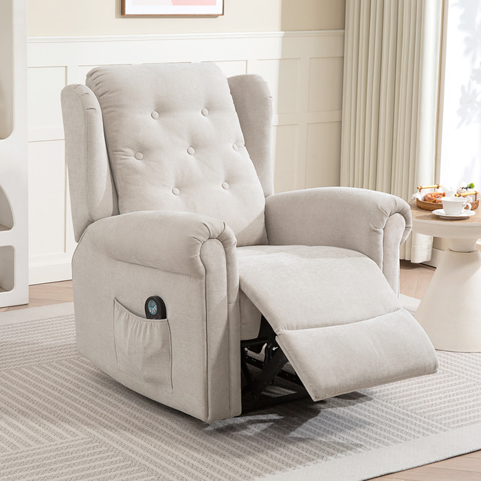 Fauteuil massant chauffant inclinable repose-pieds intégré poche rangement tissu toucher lin beige