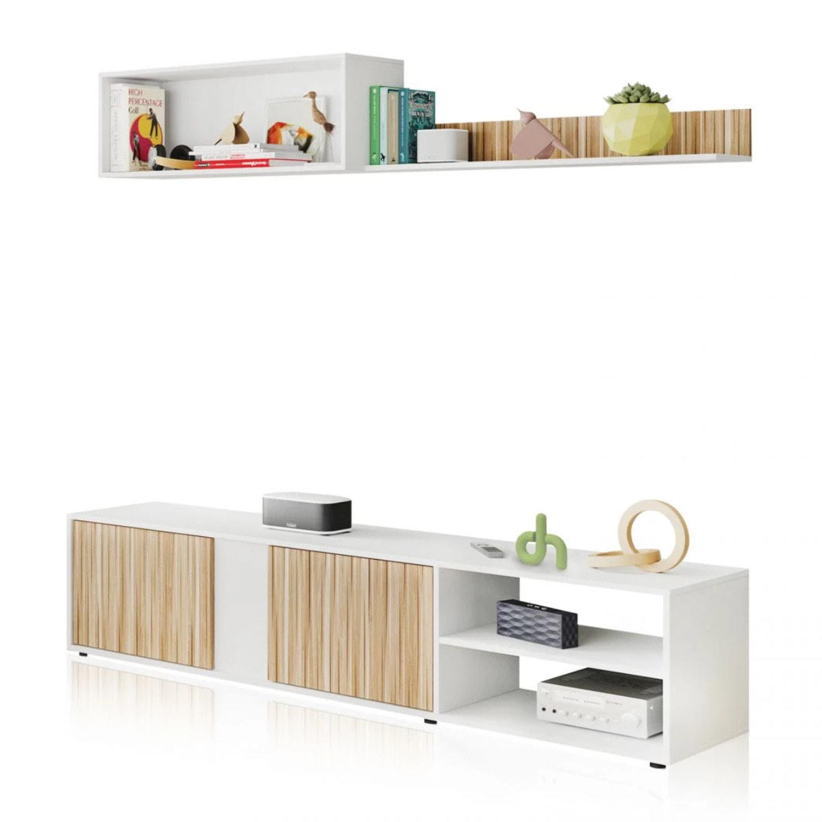 Salón con mueble de TV y estantería en blanco mate y natur 180 cm Alix Blanco Artik (Blanco Mate) - Natur