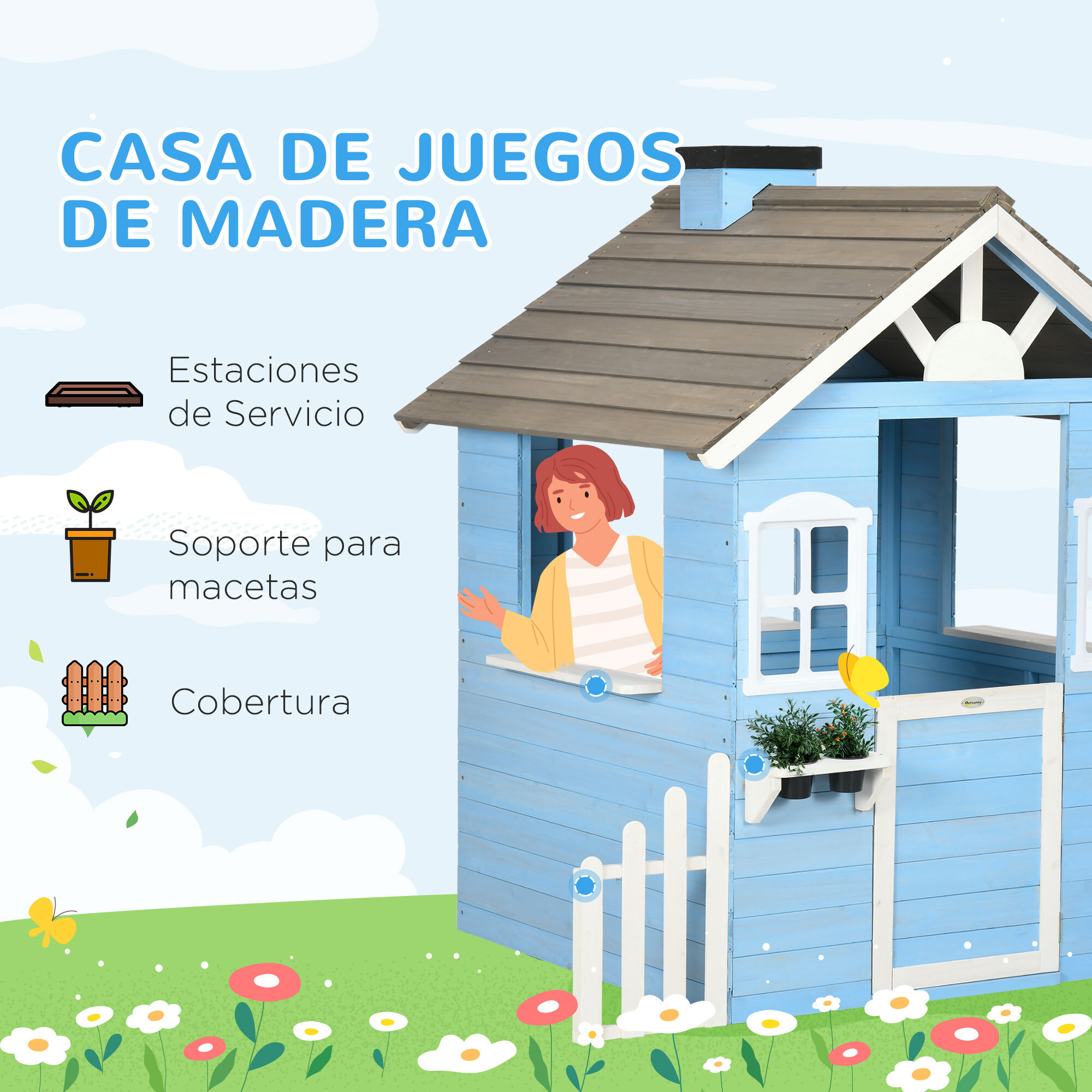 Casa de Madera Infantil Casa de Juegos Exterior para Niños de 3-7 Años con Puerta Ventanas Macetas y Vallas Laterales 151x112,5x142 cm Azul