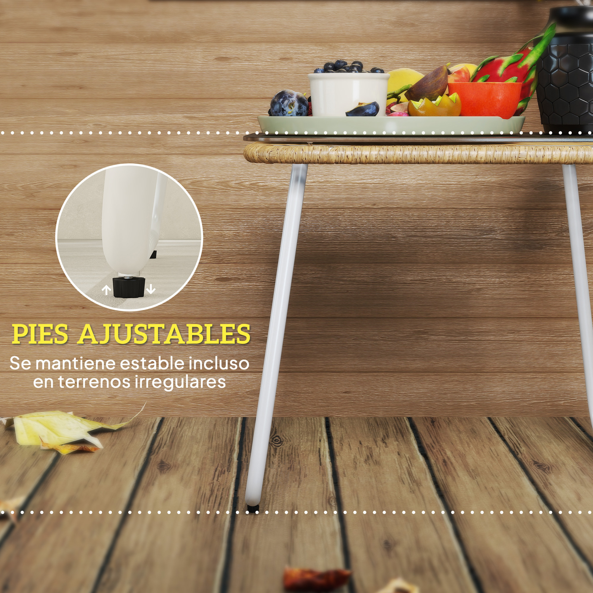 Mesa de Jardín de Ratán Sintético Mesa para Exterior con Encimera de Vidrio Templado y Patas Ajustables Mesita Auxiliar para Patio Terraza Balcón Natural y Blanca