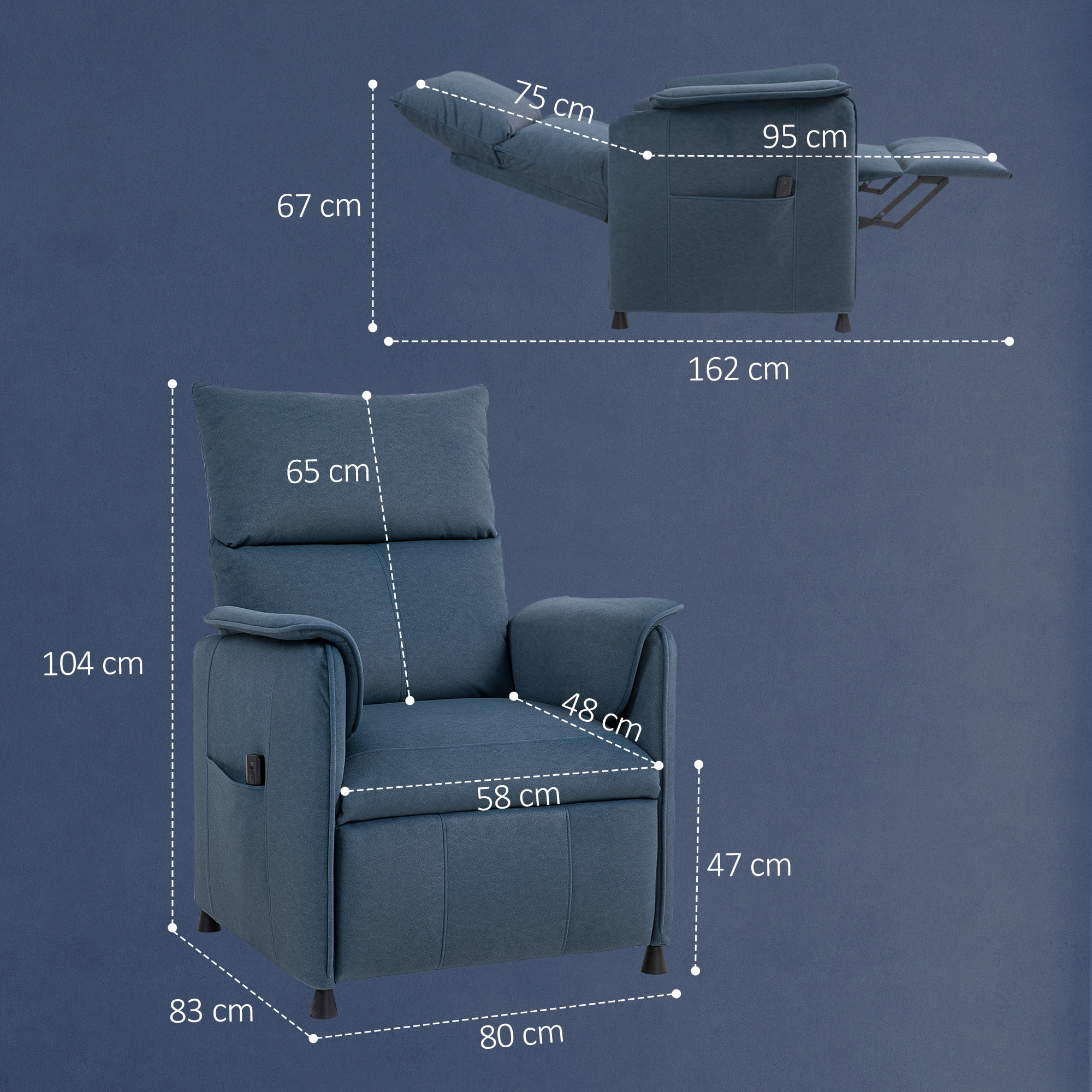 Sillón Relax Reclinable Eléctrico Sillón Reclinable Silencioso con Función Memoria Reposapiés Mando a Distancia Bolsillos Laterales Tela Apto para Mascotas para Dormitorio Salón Azul Oscuro