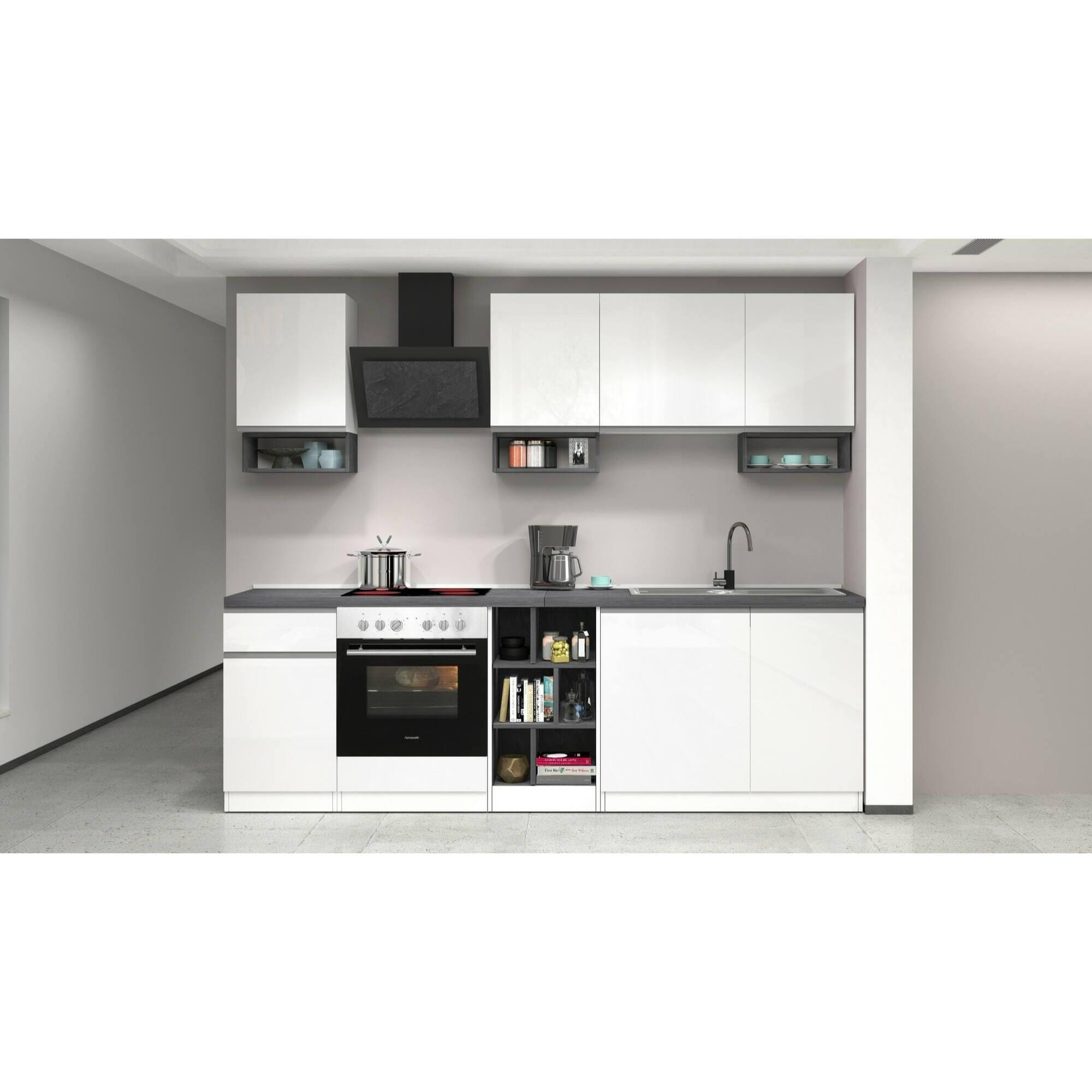 Cucina completa Dcelient, Cucina pratica e salvaspazio, Parete da cucina con 7 ante e 1 cassetto, 100% Made in Italy, 255x60h85 cm, Bianco lucido e Ardesia