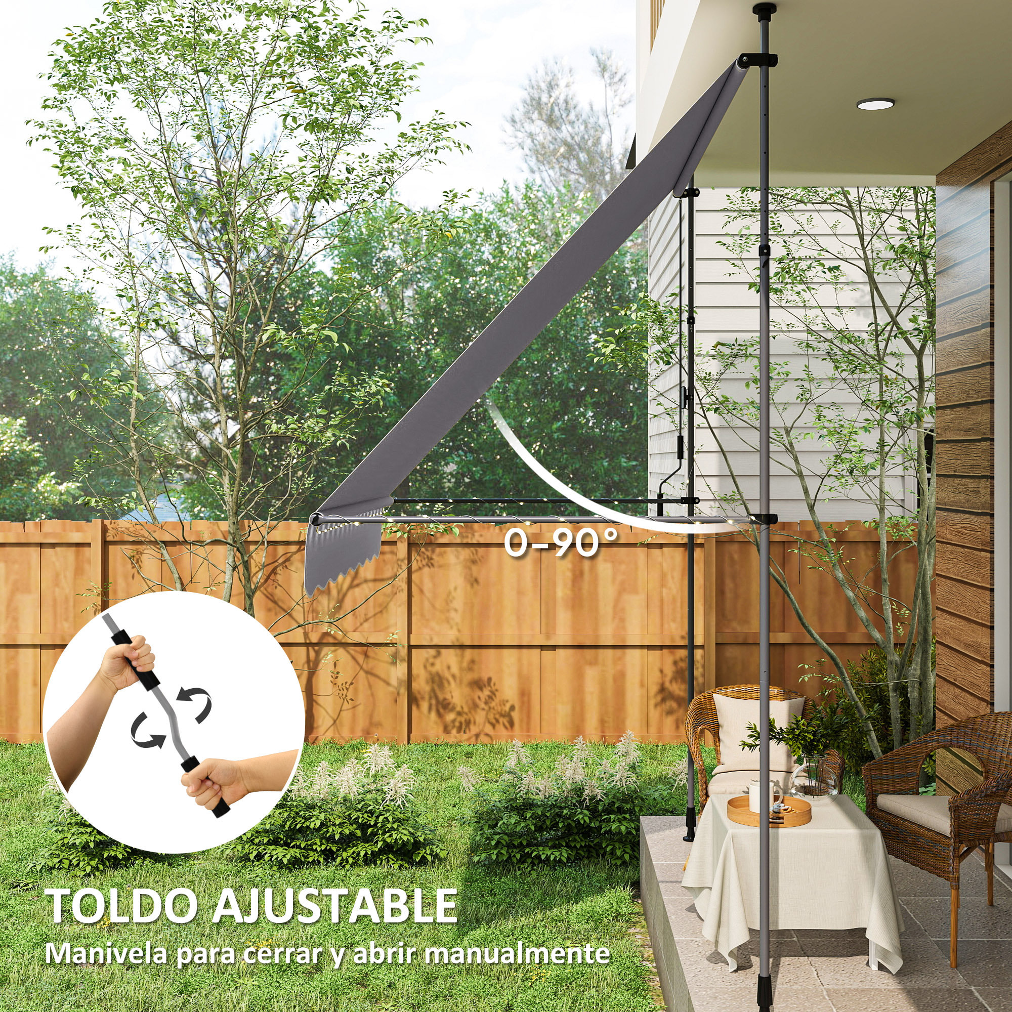 Toldo Manual Retráctil 2x1,2 m Toldo Exterior Terraza Enrollable Altura Ajustable con Manivela 210-310 cm Protección UV30+ Sin Taladro para Jardín Balcón Patio Gris