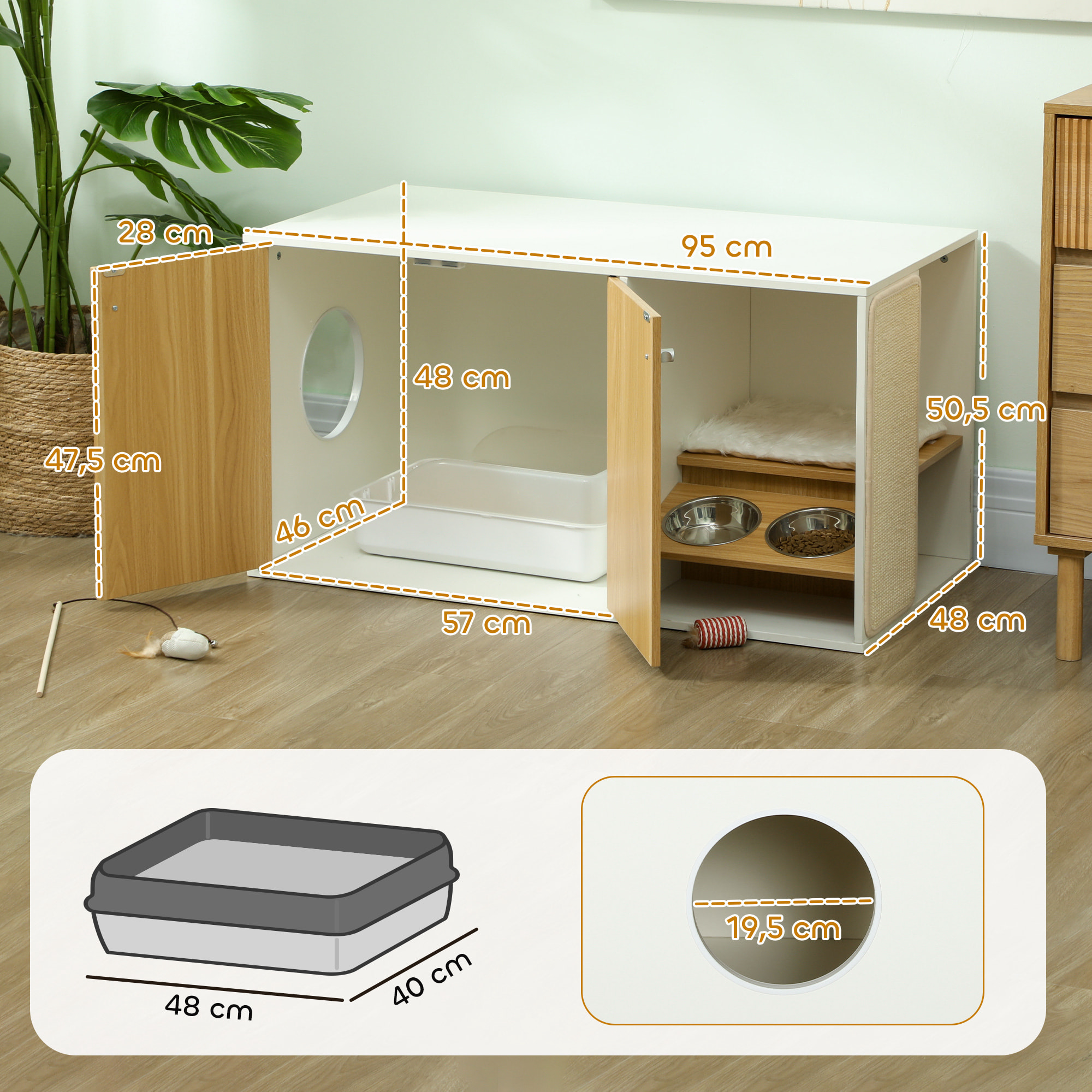 Mueble Arenero para Gatos 3 en 1 Nido Mesa Auxiliar Caja de Arena para Gatos con Puertas Cojín Tazones Estera para Rascar y Compartimento para Salón Dormitorio 95x48x50,5 cm Blanco y Roble