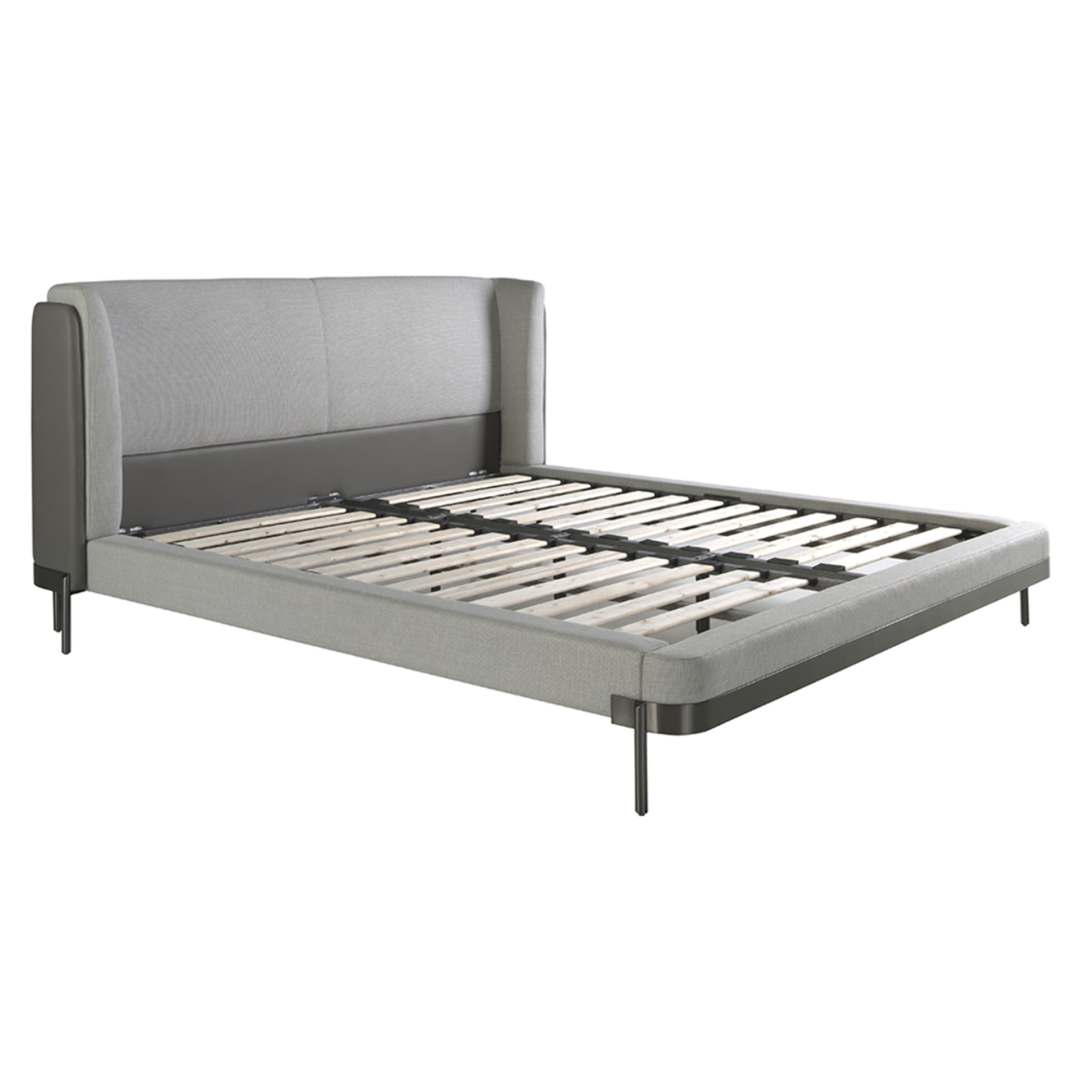 Cama Angel Cerdá de matrimonio con un cabecero y estructura en tela en gris claro y patas de acero inoxidable pulido oscurecido 218x229x105cm