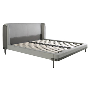 Cama Angel Cerdá de matrimonio con un cabecero y estructura en tela en gris claro y patas de acero inoxidable pulido oscurecido 218x229x105cm