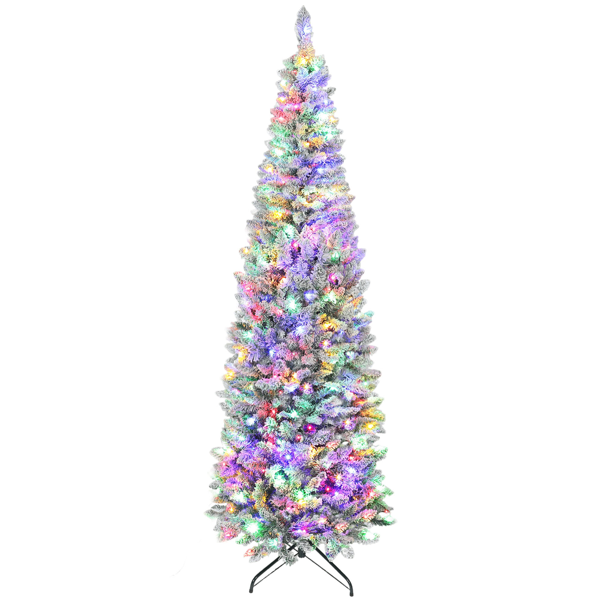 Árbol de Navidad Estrecho 210 cm, Árbol de Navidad Nevado con Luces LED Bicolores, 11 Modos de Iluminación, 687 Ramas, Soporte Metálico, Fácil de Montar, Verde