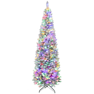 Árbol de Navidad Estrecho 210 cm, Árbol de Navidad Nevado con Luces LED Bicolores, 11 Modos de Iluminación, 687 Ramas, Soporte Metálico, Fácil de Montar, Verde