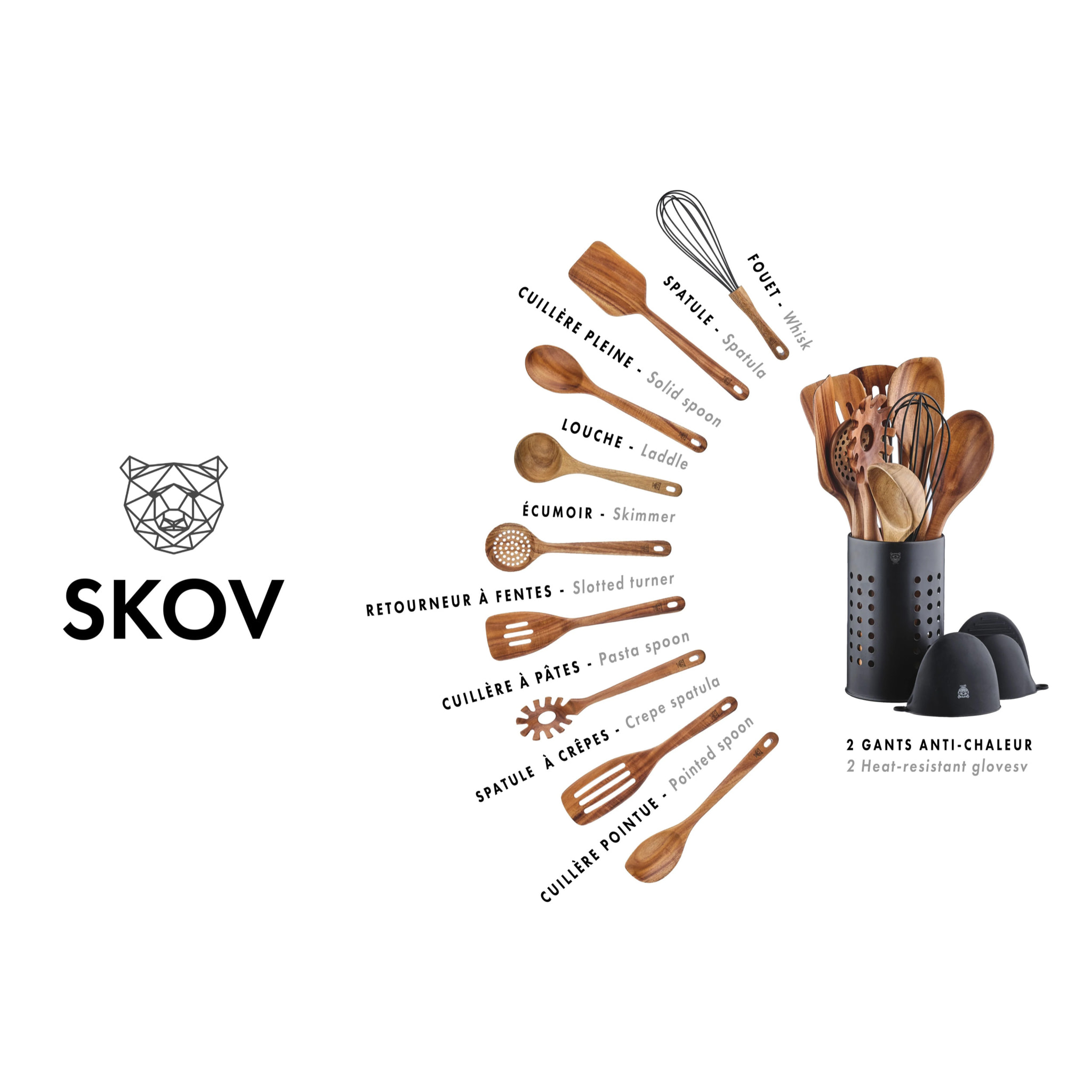 Set d'ustensiles de cuisine en bois d'acacia SKOV - 12 pièces