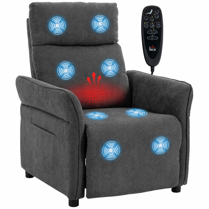 HOMCOM Sillón de Masaje, Sillón Relax Reclinable 135° Manual, Calor Lumbar, Mando a Distancia, Reposapiés, 8 Zonas de Masaje, Reposabrazos Ajustables, Asiento Muelles, Bolsillos, Tapizado Rizo, Gris