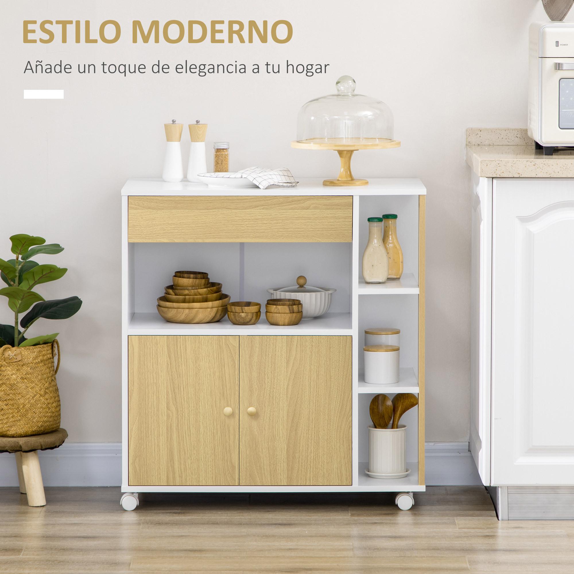 Carrito de Cocina con Ruedas 2 Puertas Cajón y 3 Estantes Laterales 80x39x85,5cm