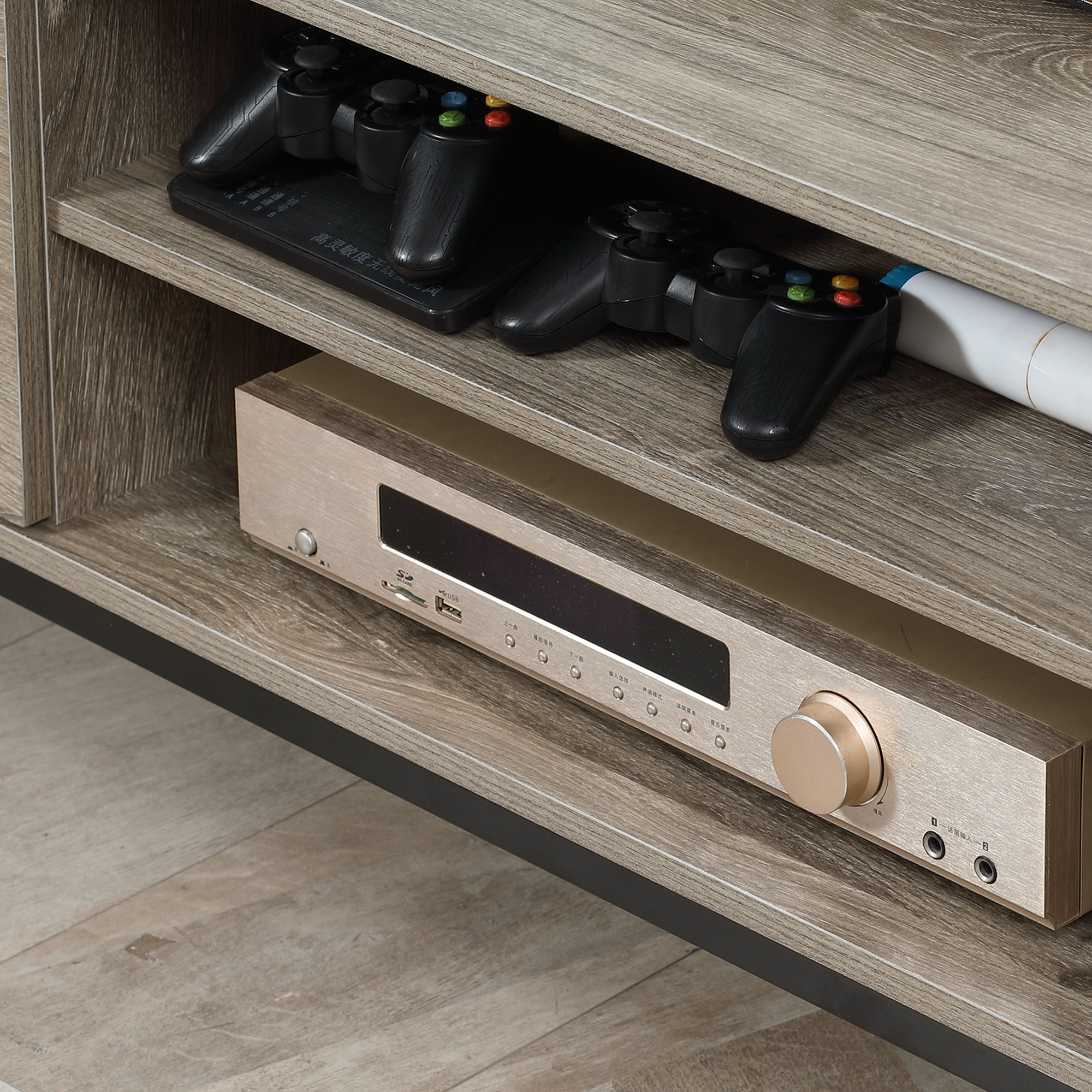 Meuble TV banc TV design industriel - porte, 2 tiroirs, 2 niches - piètement acier noir - aspect bois gris