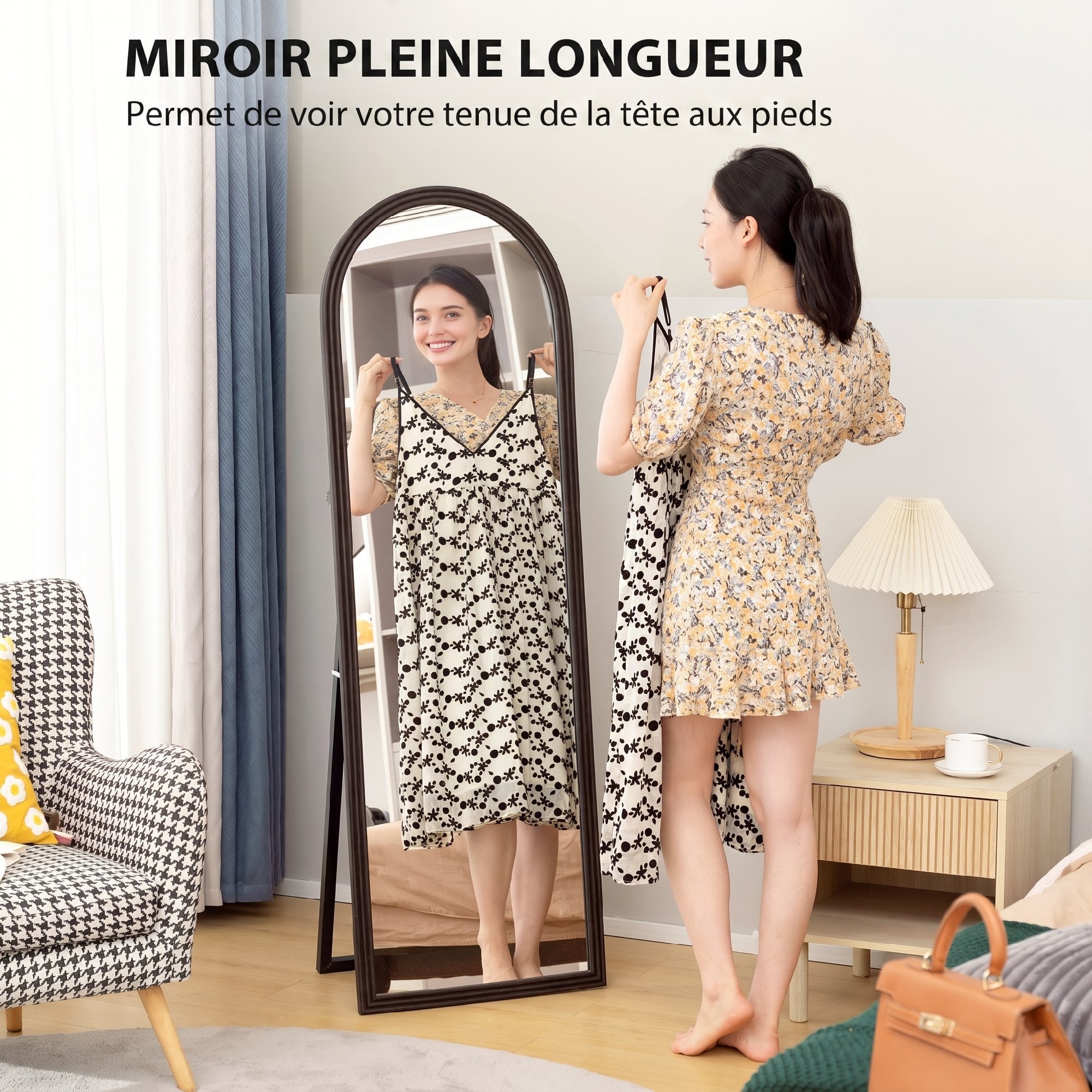 Miroir sur pied et mural pleine longueur 53 x 162 cm cadre pied effet bois