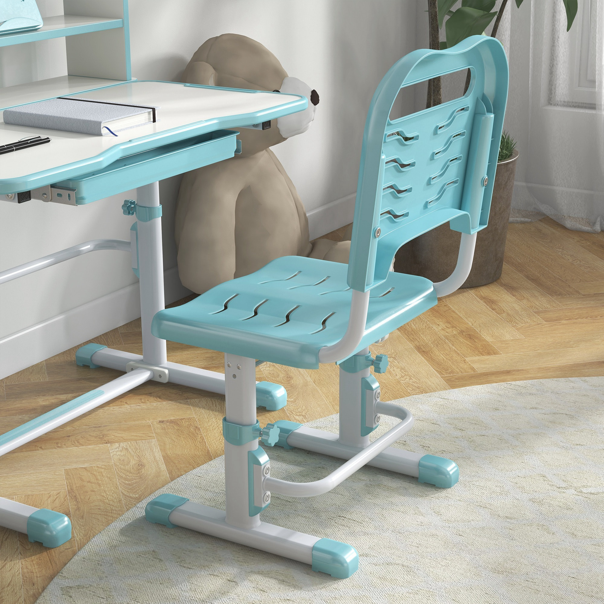 Conjunto para Niños Incluye 1 Juego de Escritorio y Silla para Niños Altura Ajustable y 1 Estantería Infantil con 8 Compartimentos Abiertos Azul y Blanco