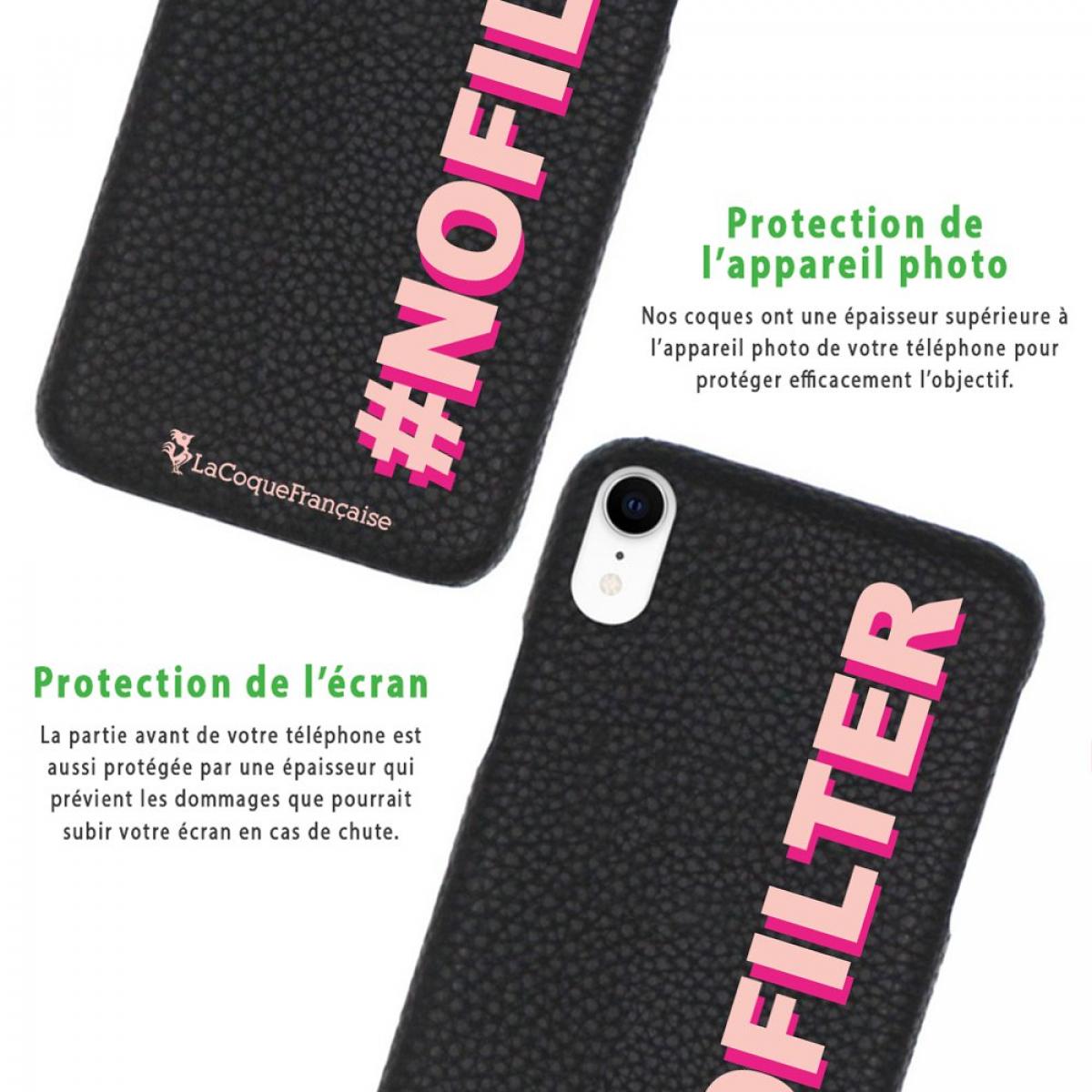 Coque iPhone Xr effet cuir grainé noir No Filter rose et fushia Design La Coque Francaise