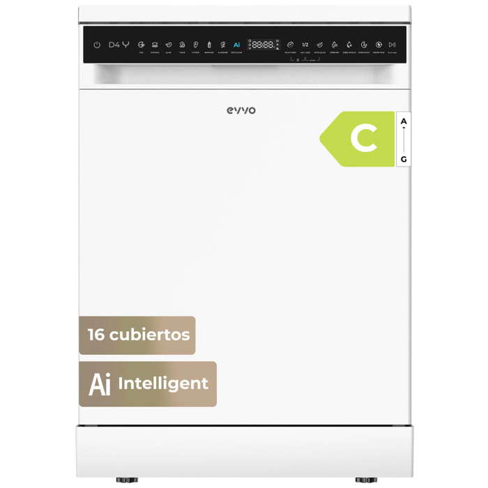 Lavavajillas EVVO D4Y, 16 Cubiertos, Libre Instalación, 8 Programas, Extra Silent, Blanco