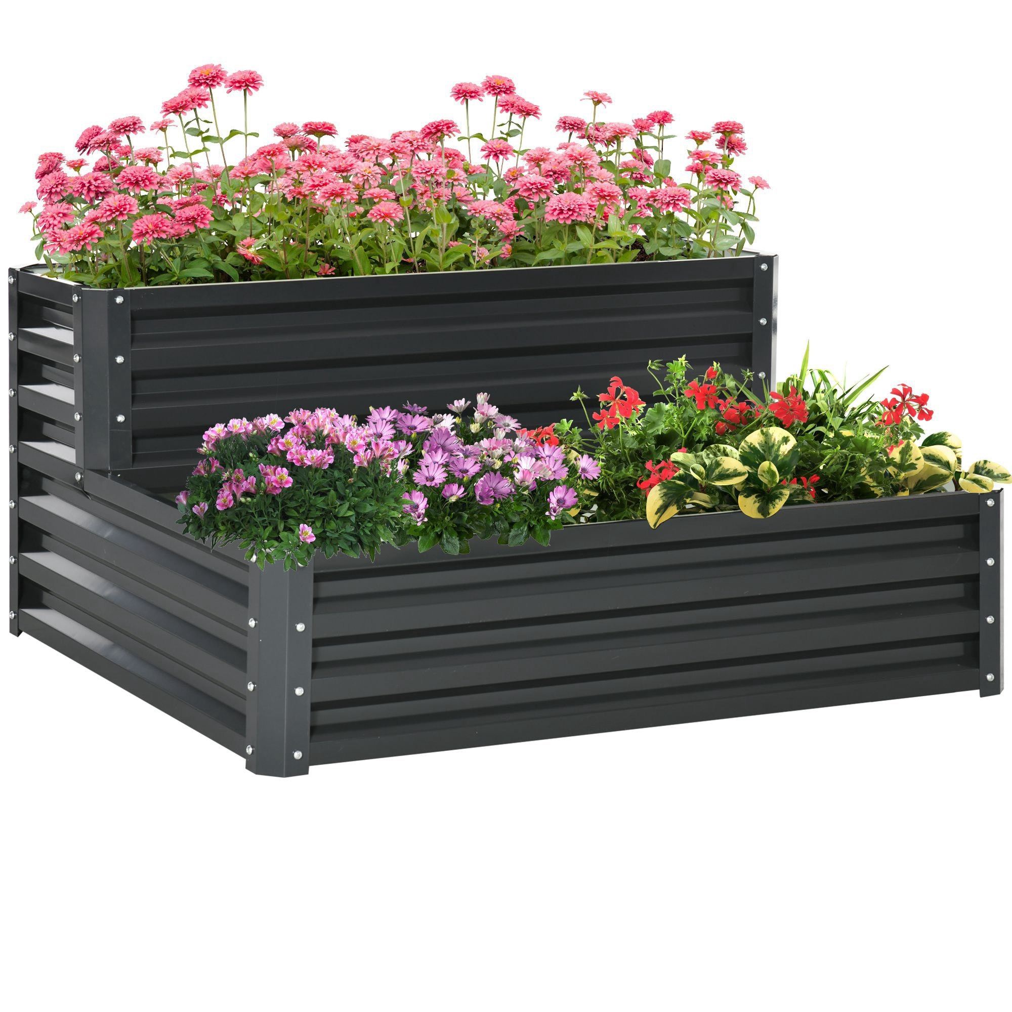 Huerto Urbano de 2 Niveles de Acero Galvanizado, Jardinera Exterior con Diseño de Escalera y Fondo Abierto para Cultivos, Plantas, Herbaria, para Terraza, Jardín, 120x101x58 cm, Gris Oscuro