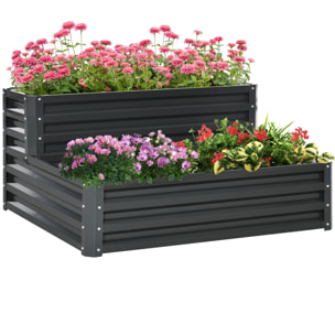 Huerto Urbano de 2 Niveles de Acero Galvanizado, Jardinera Exterior con Diseño de Escalera y Fondo Abierto para Cultivos, Plantas, Herbaria, para Terraza, Jardín, 120x101x58 cm, Gris Oscuro