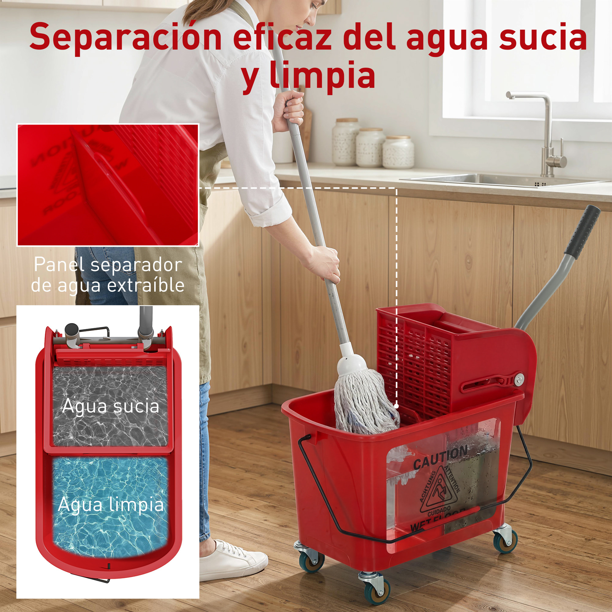 Cubo de Fregona con Ruedas Capacidad de 20 L Cubo de Fregar con Sistema de Escurridor Mopa y Asa de Transporte para Doméstico y Comercial Rojo