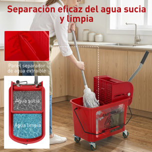 Cubo de Fregona con Ruedas Capacidad de 20 L Cubo de Fregar con Sistema de Escurridor Mopa y Asa de Transporte para Doméstico y Comercial Rojo