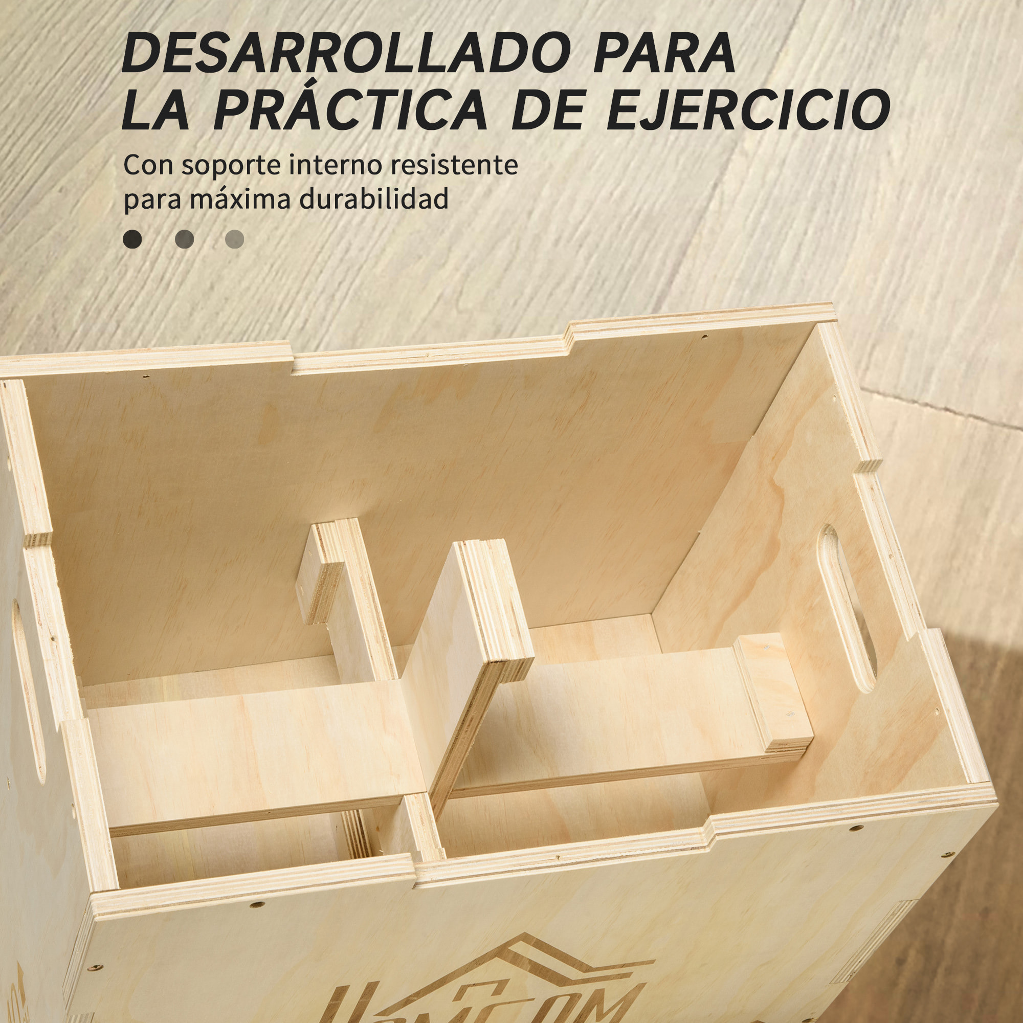 Caja Pliométrica de Madera 3 en 1 Caja de Salto con 2 Mango Hueco Entrenamiento de Fuerza en Casa Oficina Gimnasia CrossFit Carga 120 kg 61x51x76 cm Madera Natural