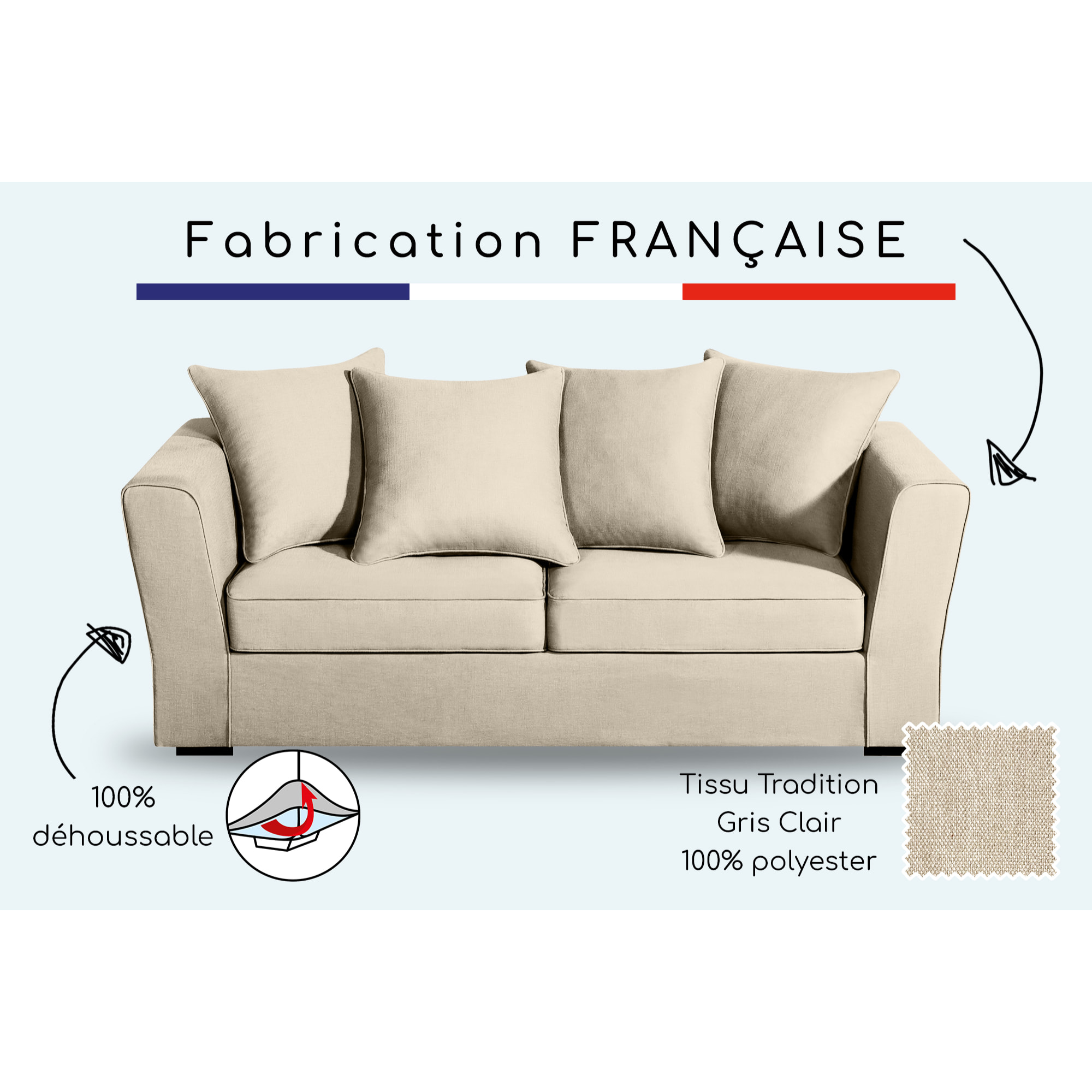 Canapé 3 pl YSER 200 cm fixe tissu Tradition Beige - 100% déhoussable - Fabriqué en France