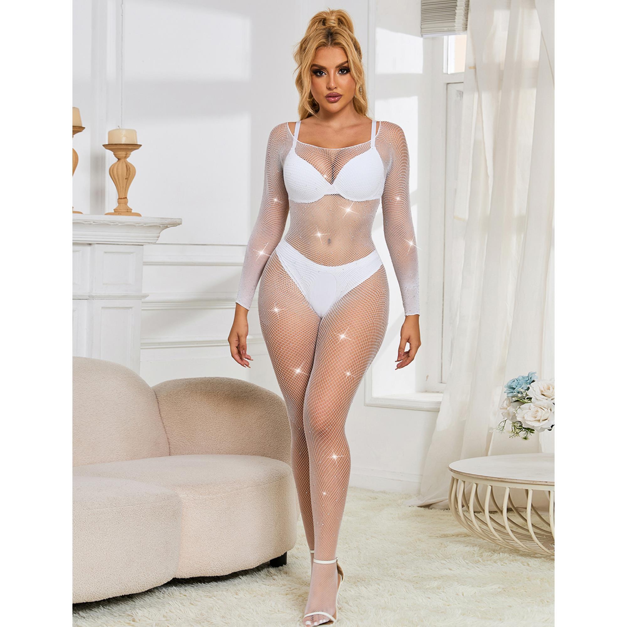 Bodystocking de manga larga con diamantes y malla blanca