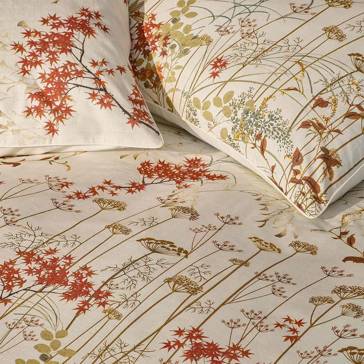 Lot de 2 taies percale de coton imprimé beige orange Erables automne