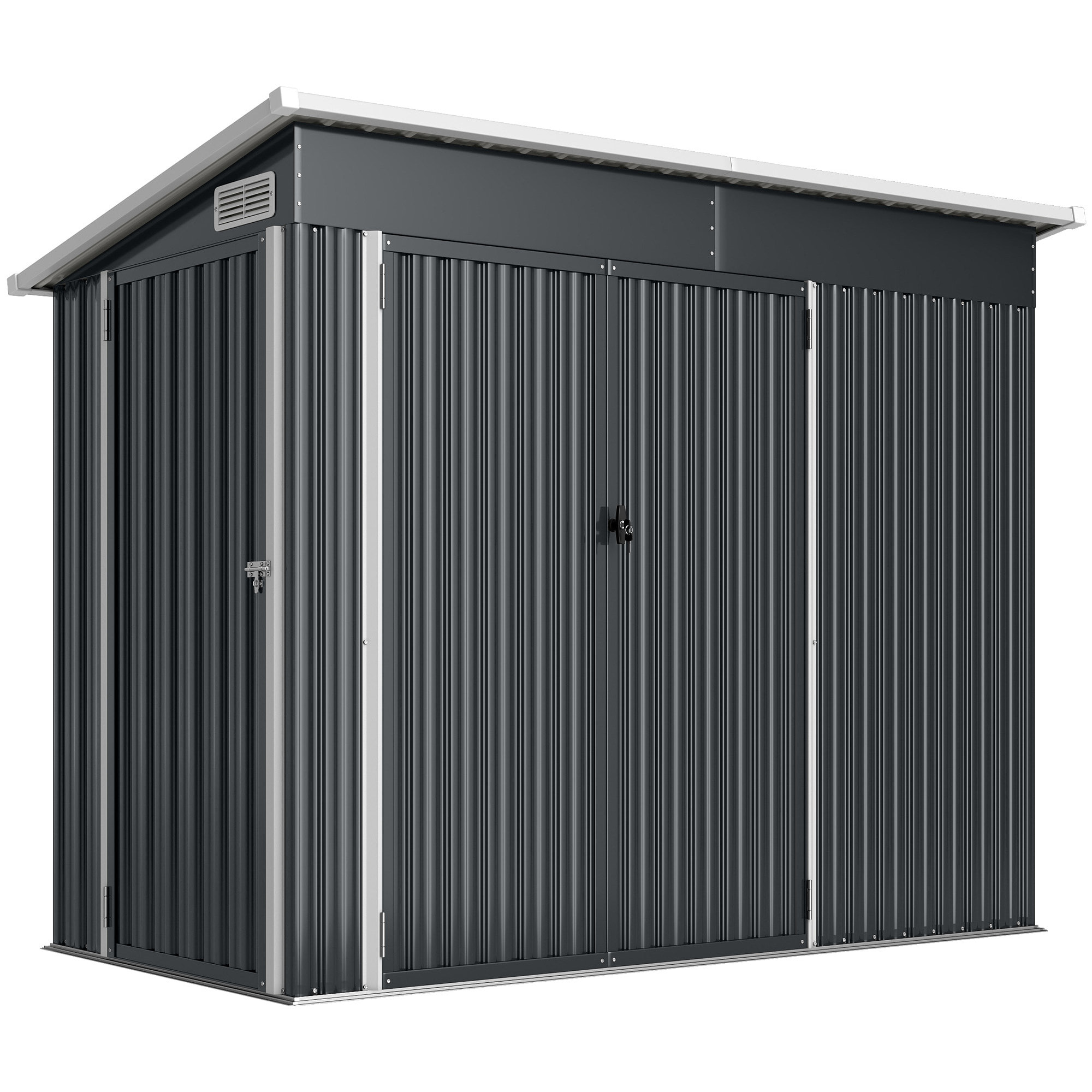 Abri de jardin en métal, cabane de jardin extérieure 234 x 132 x 185 cm, triple porte verrouillable, toit incliné, aérations et gants, cabanon rangement outils en acier galvanisé, gris foncé