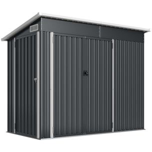 Abri de jardin en métal, cabane de jardin extérieure 234 x 132 x 185 cm, triple porte verrouillable, toit incliné, aérations et gants, cabanon rangement outils en acier galvanisé, gris foncé