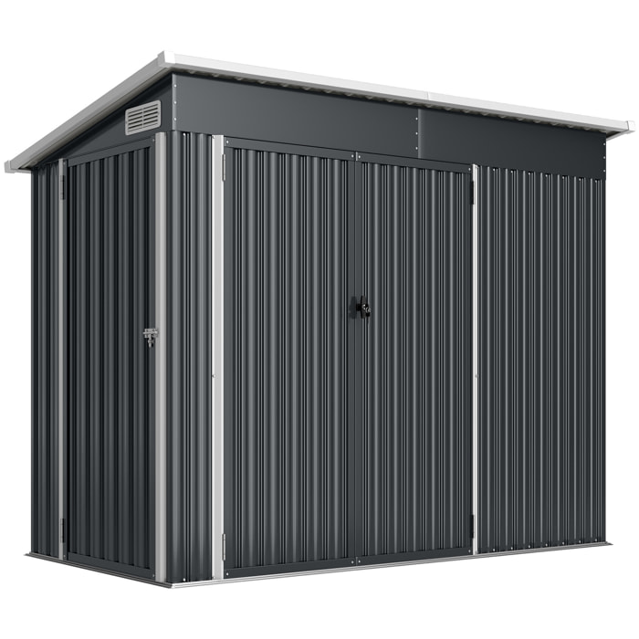 Abri de jardin en métal, cabane de jardin extérieure 234 x 132 x 185 cm, triple porte verrouillable, toit incliné, aérations et gants, cabanon rangement outils en acier galvanisé, gris foncé
