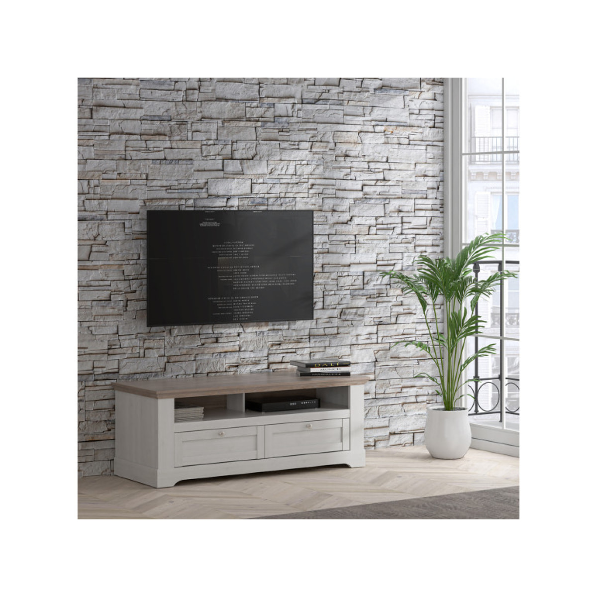 Meuble TV en bois effet chêne clair blanchi L145cm - ILONA