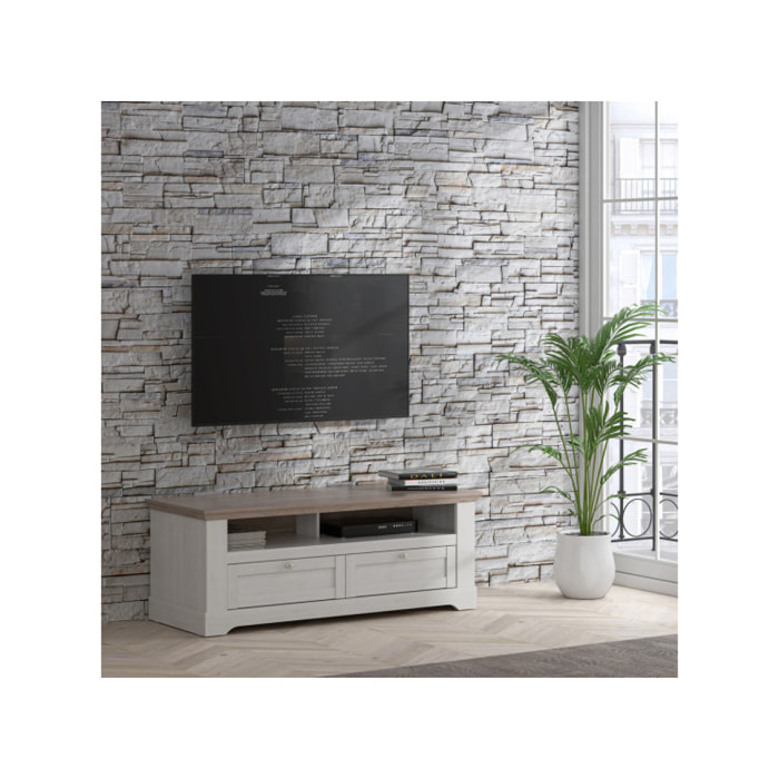 Meuble TV en bois effet chêne clair blanchi L145cm - ILONA