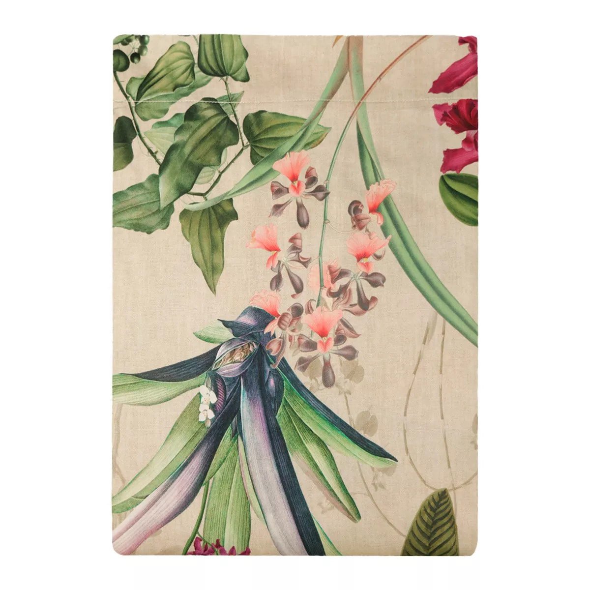 Drap plat satin de coton imprimé vert rose beige Parfum d'orchidee grege