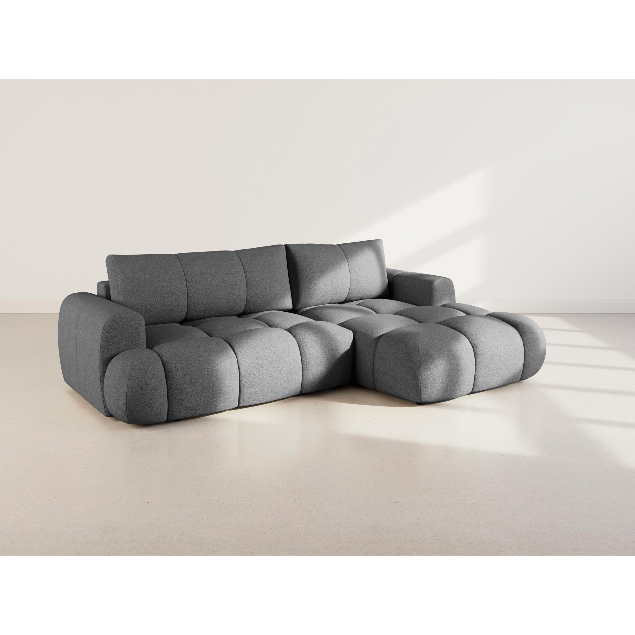 Yulin - Canapé d'angle droit 4 places convertible avec coffre en tissu bouclette - Gris