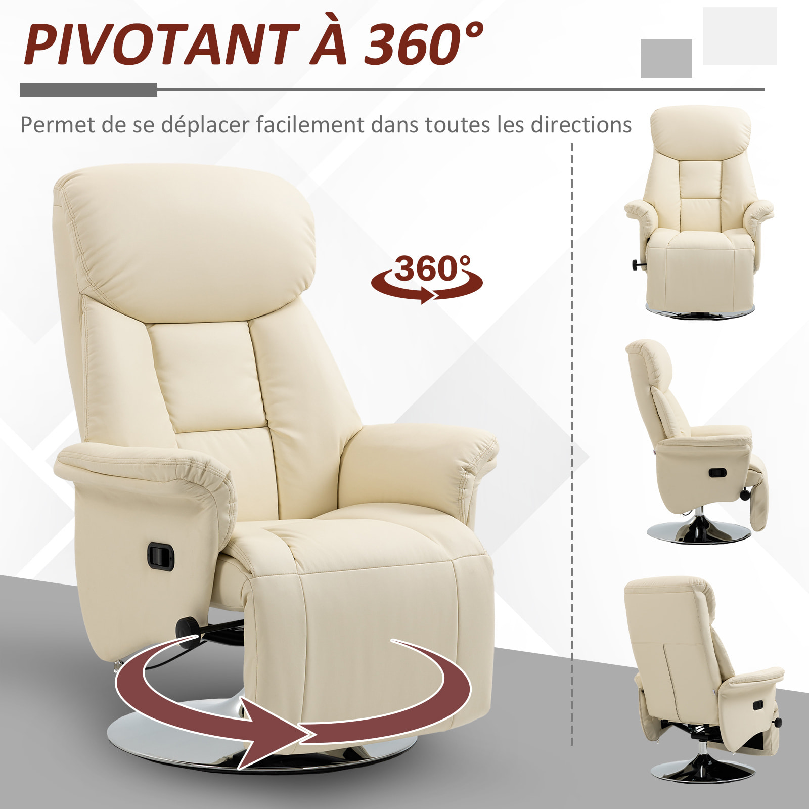 Fauteuil relax inclinable repose-pied réglable pivotant 360° piètement métal chromé revêtement synthétique crème