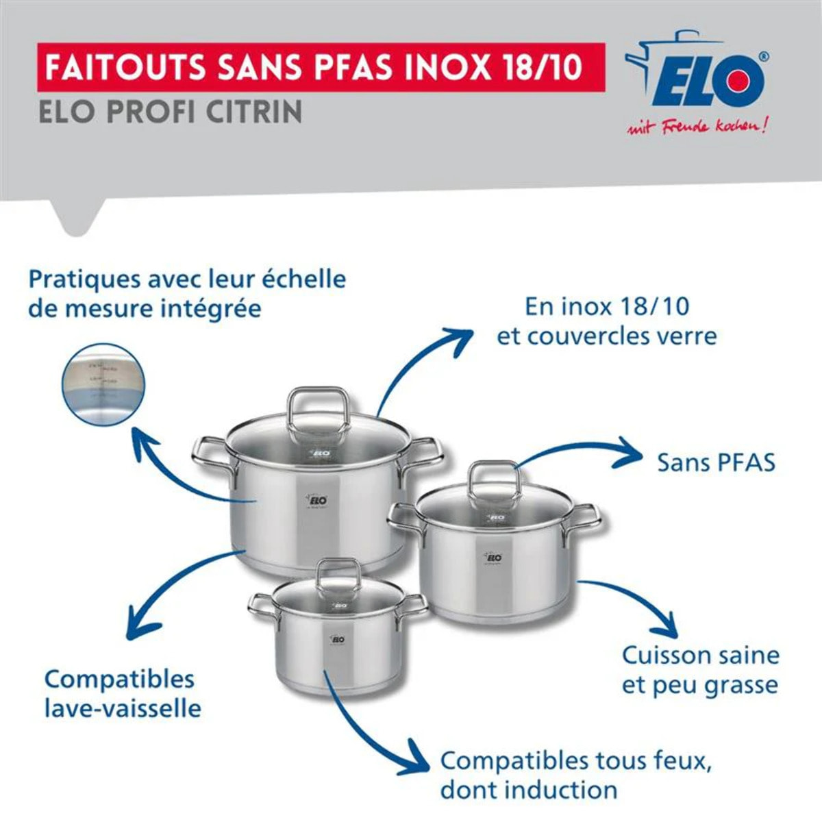 Set de 1 Poêle de cuisson 32 cm et 3 faitouts 12, 14 et 20 cm Elo Profi Citrin