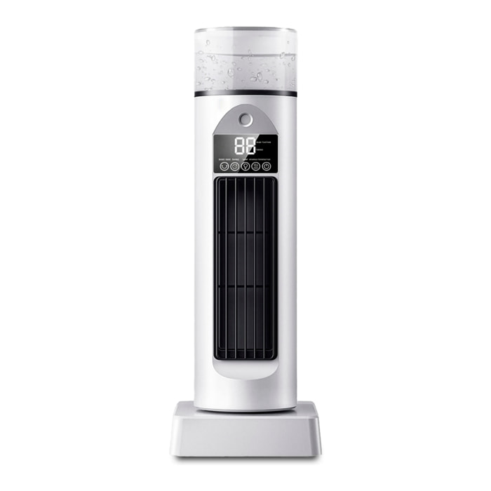 Ventilador sin aspas de sobremesa BYM-907S. Con función de nebulización, 6 velocidades y temporizador de hasta 6 horas. Depósito de 100 ml y luz ambiental de 7 colores. Incluye control remoto.