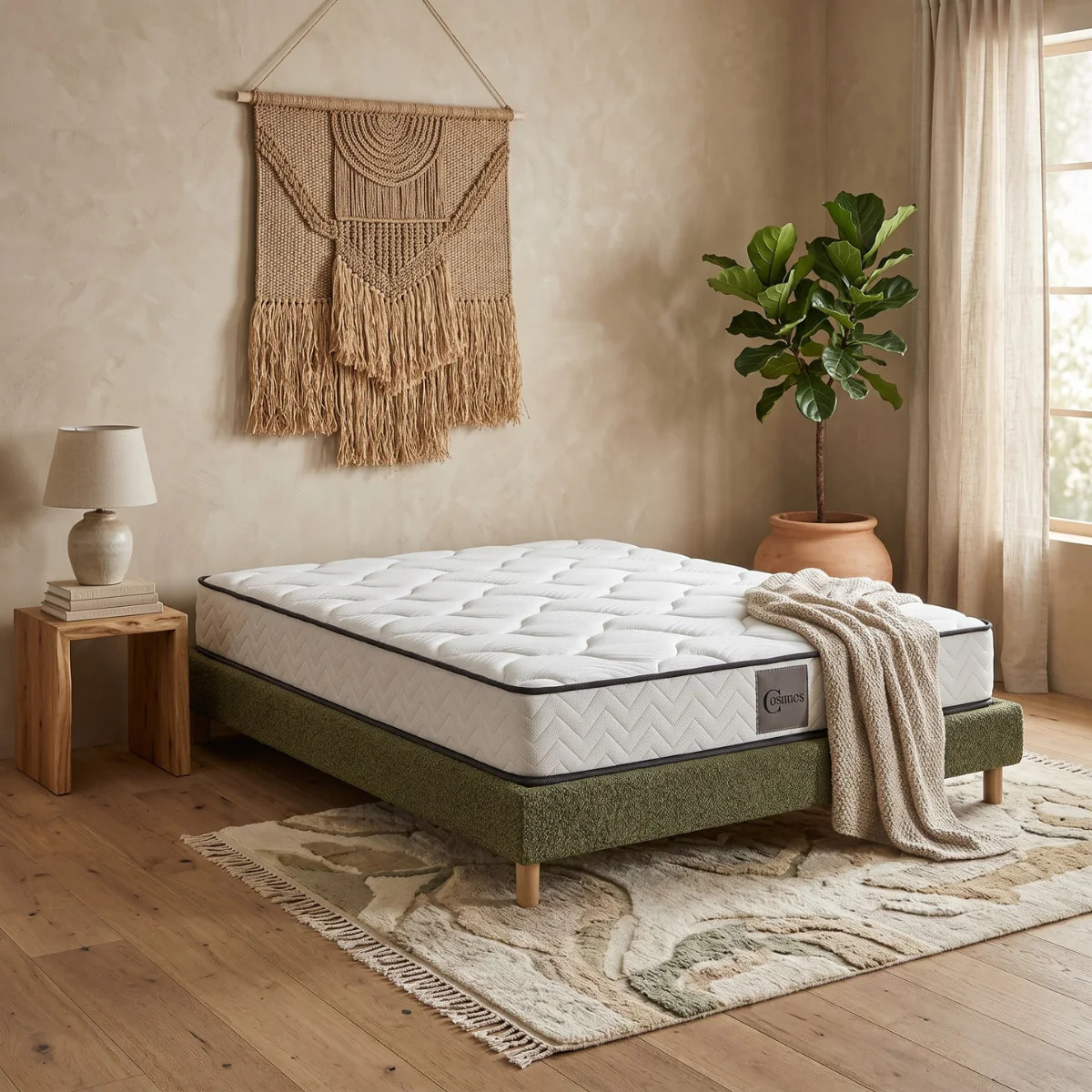Ensemble matelas Univers & sommier Cancun | Mémoire de forme et ressorts ensachés | Cadre à lattes | Bouclette | Olive