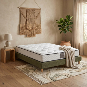 Ensemble matelas Univers & sommier Cancun | Mémoire de forme et ressorts ensachés | Cadre à lattes | Bouclette | Olive