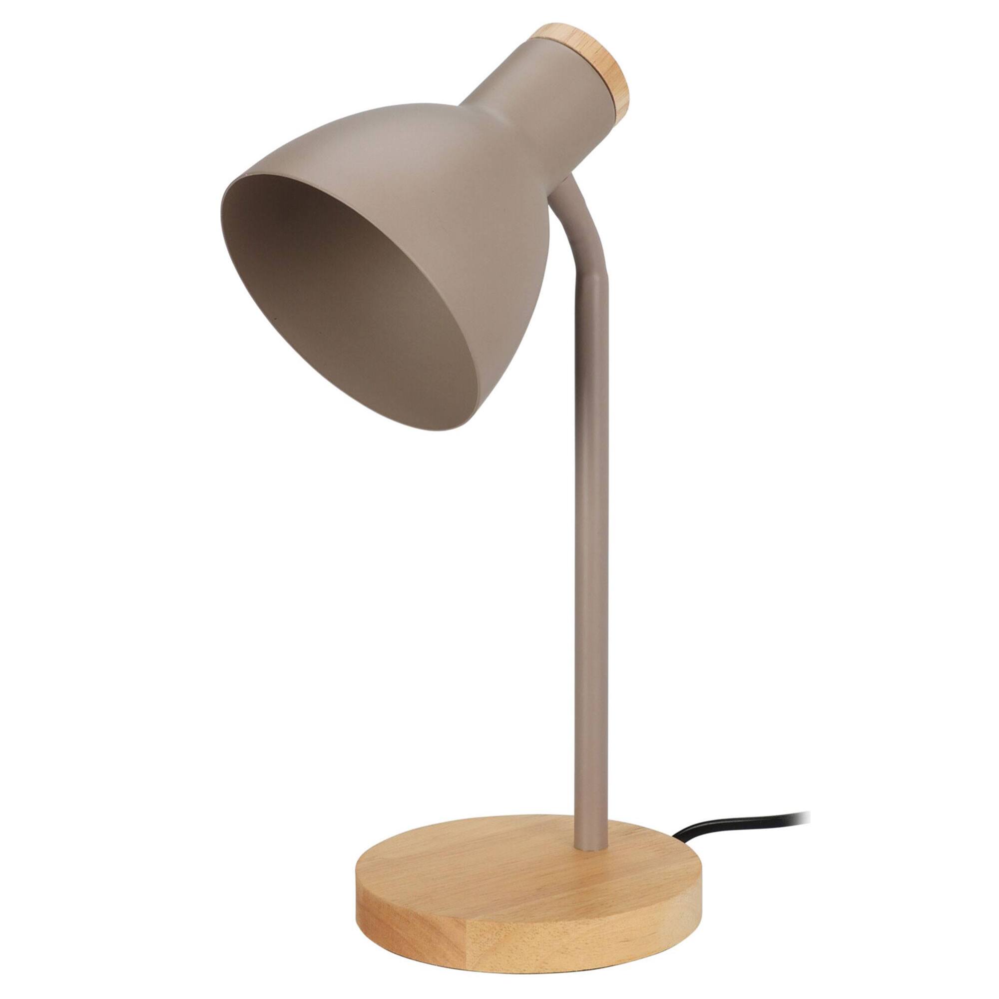 Lámpara de mesa color Topo de metal 14x36cm con base de madera natural con casquillo E14