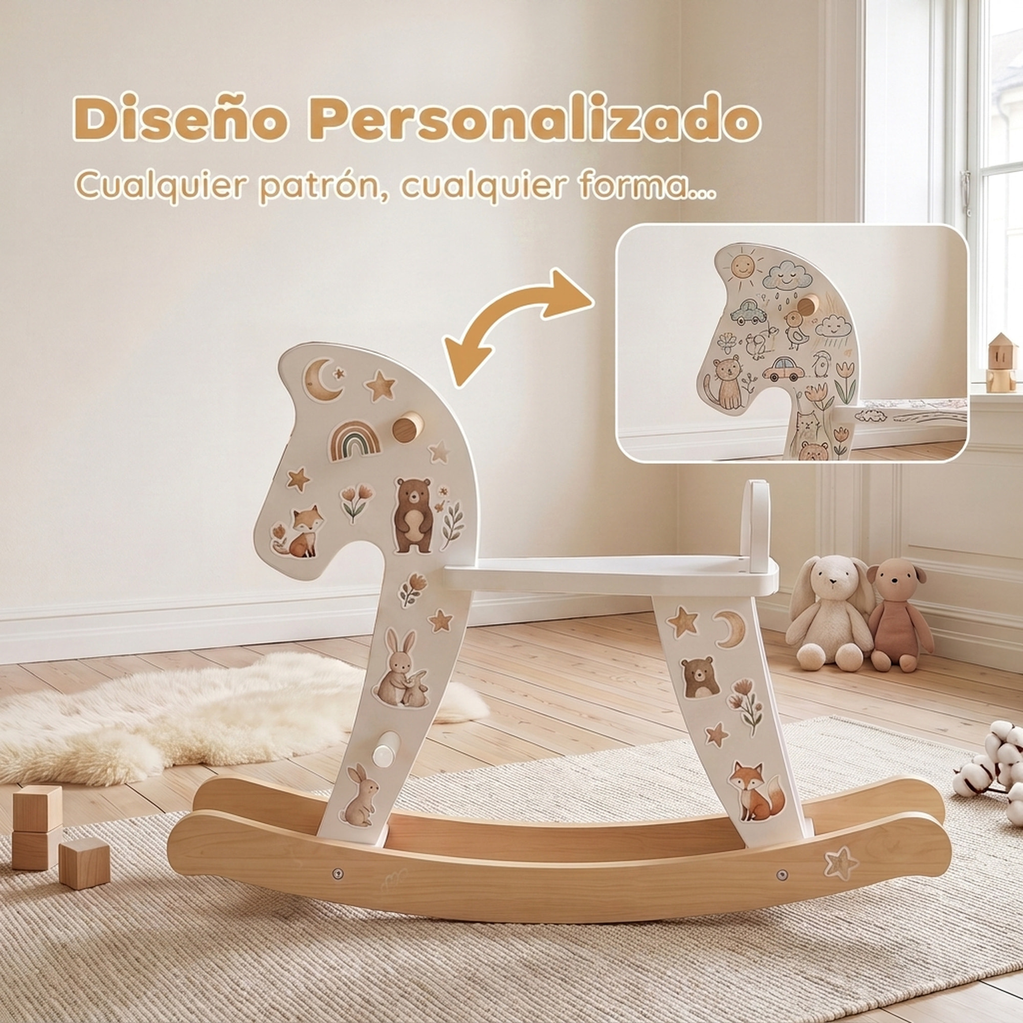 Caballito Balancín para Bebés, Caballo Balancín con Base de Madera, Diseño Clásico y Trabajo Artesanal Sólido, para Niños de 1-3 Años, Blanco