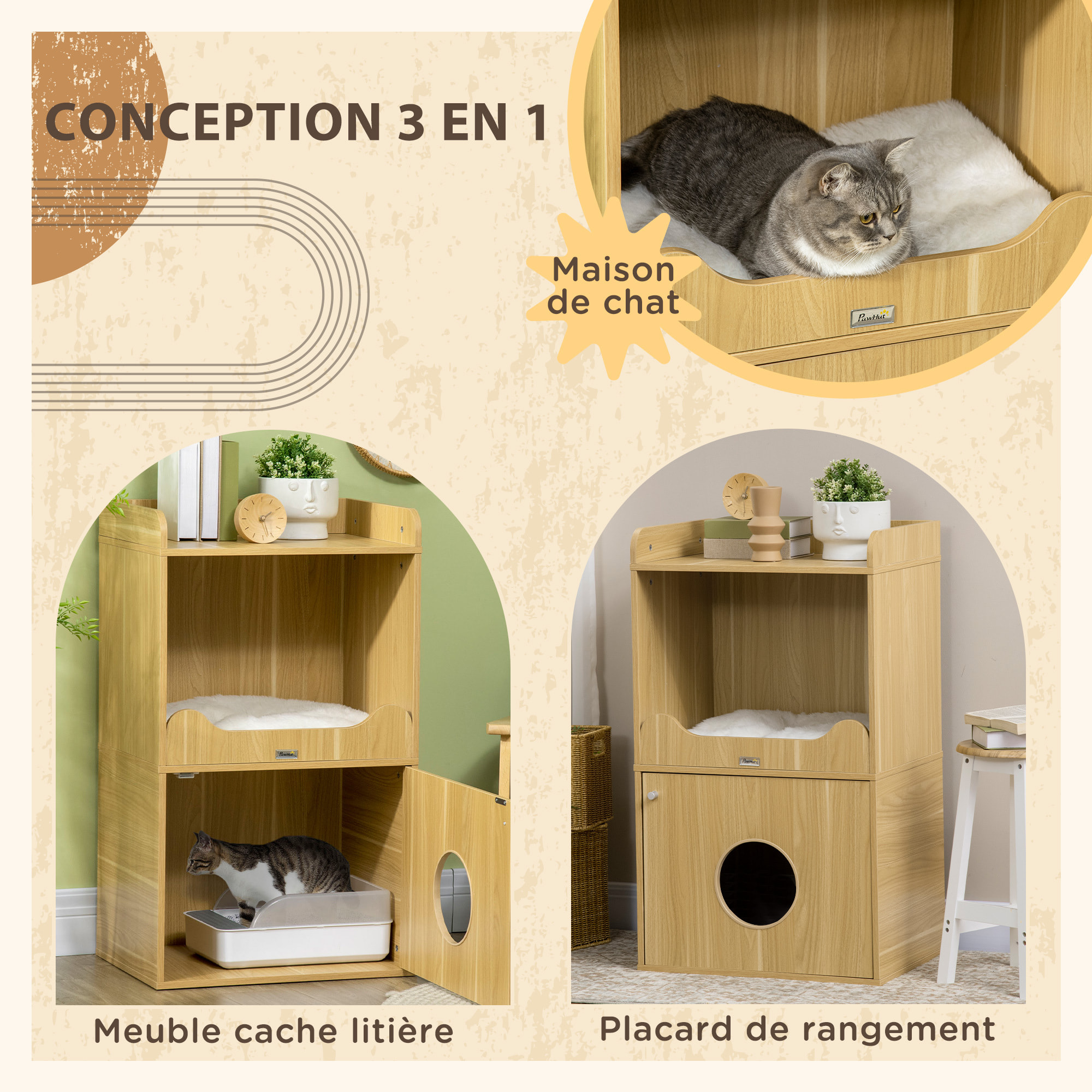 Maison de toilette chat - porte, niche avec coussin, plateau - panneaux aspect bois clair