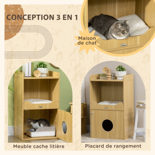 Maison de toilette chat - porte, niche avec coussin, plateau - panneaux aspect bois clair