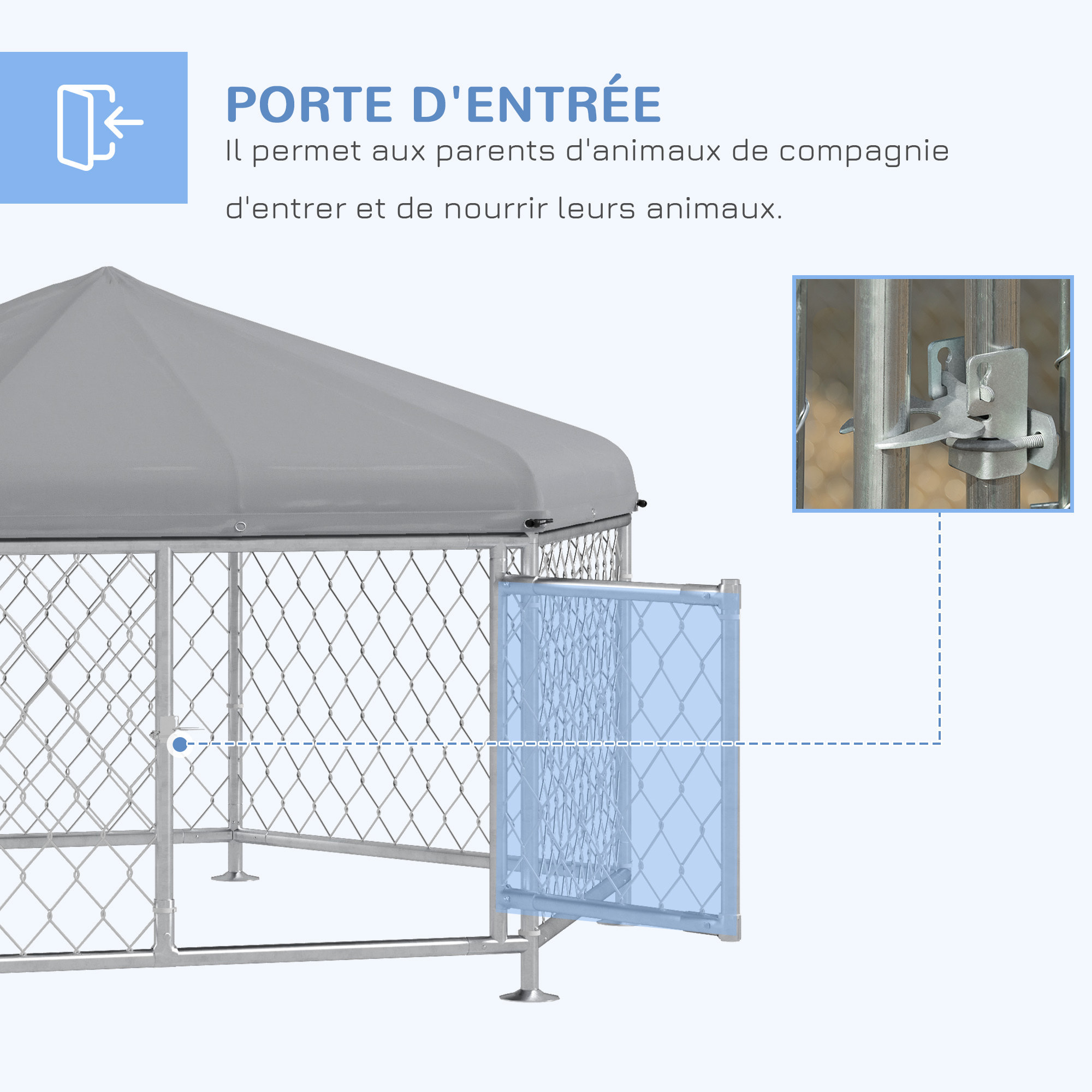 Chenil pour chien entièrement couvert - enclos chien - dim. 210L x 185l x 120H cm - porte verrouillable - acier galvanisé gris